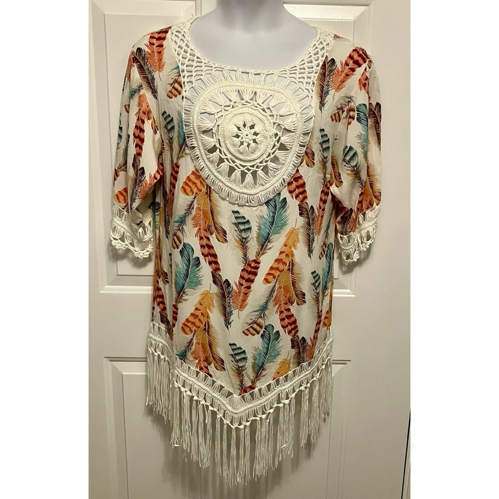 White Crochet Trim Boho Hippie Festival Feather‎ Tassels Blouse M/Large Women’s